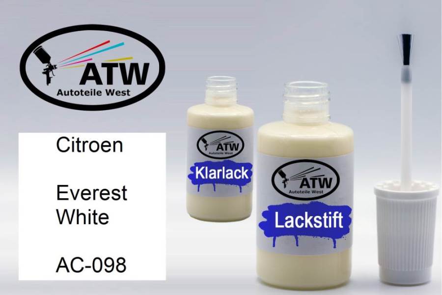 Citroen, Everest White, AC-098: 20ml Lackstift + 20ml Klarlack - Set, von ATW Autoteile West.